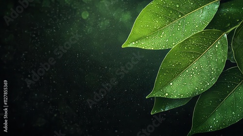 Tropical leaves glowing with droplets evaporating, symbolizing energydriven ecosystem functions photo