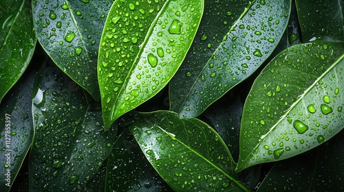 Tropical leaves glowing with droplets evaporating, symbolizing energydriven ecosystem functions photo