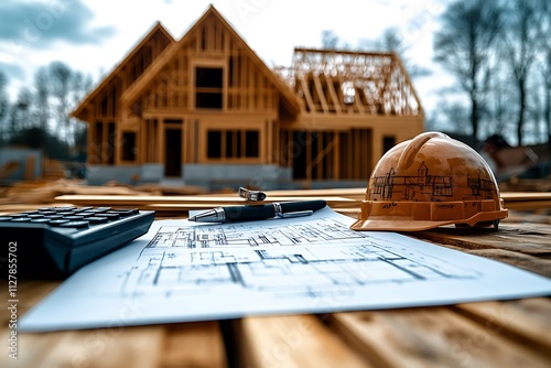 Architect desk with blueprint and hard hat constuction building outdoor objects.
