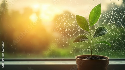 Vibrant indoor greenhouse with condensation on glass, visualizing controlled energydriven transpiration photo