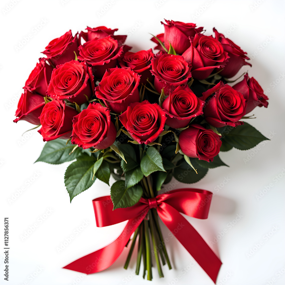 Obraz premium Stunning bouquet of vibrant red roses tied with a elegant ribbon for romantic occasions and celebrations, photography of floral arrangement concept.
