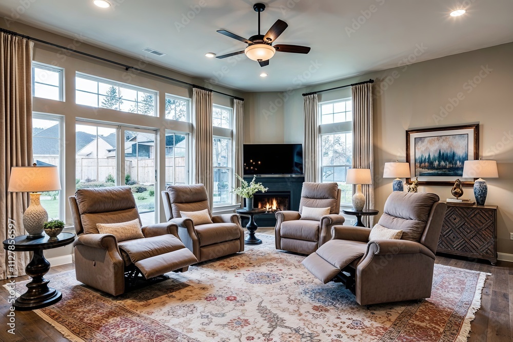 Fototapeta premium Elegant Family Room Design in a Suburban House with Cozy Recliners and Occasional Tables