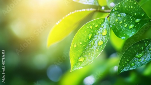 Green Leaves Glistening With Morning Dew Drops