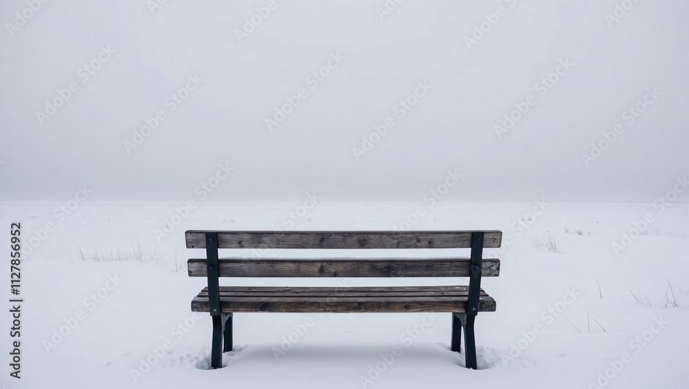 Back view of a wooden bench standing alone in a snowy, foggy winter field. Back view of a wooden bench standing alone in a snowy, foggy winter field.