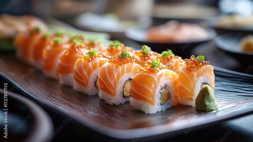Salmon sushi, roe, plate, delicious, Japanese. Salmon sushi, roe, plate, delicious, Japanese.