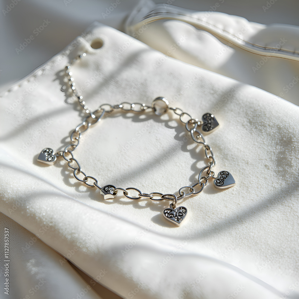 Delicate silver heart charm bracelet laid on soft satin fabric with gentle light and shadows, photography of still life concept. Delicate silver heart charm bracelet laid on soft satin fabric with gentle light and shadows, photography of still life concept.