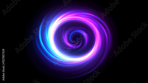 Vibrant abstract light swirl in neon purple and blue tones, creating a dynamic and futuristic visual effect on a dark background. Halation. Illustration