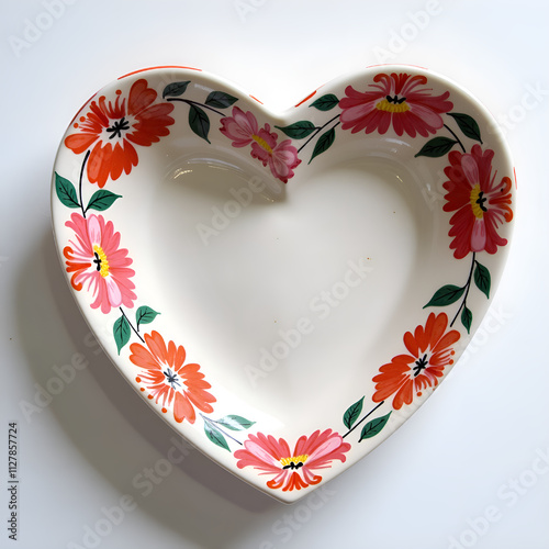 Charming heart shaped serving dish adorned with colorful floral patterns for home d cor and table settings, photography of still life concept. photo