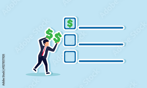 A businessman tries to mark a dollar sign on a checklist box, illustration of marking success in gaining profit from a list of several business projects