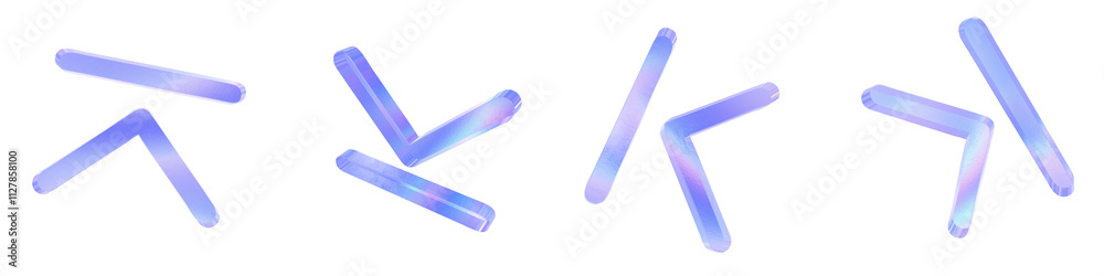 Set of 4 3d glass end arrow shape with aberration effect isolated on a transparent background. Blue tone. 3d transparent elements for graphic design.