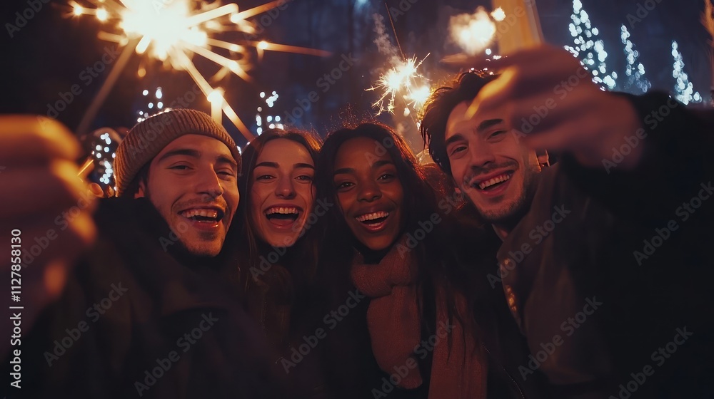 Cheerful group of friends taking selfies at a New Year party, festive decor and glowing sparklers in the background Cheerful group of friends taking selfies at a New Year party, festive decor and glowing sparklers in the background