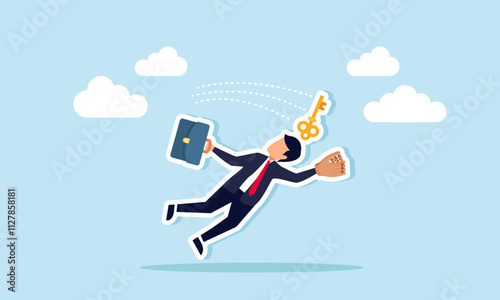 A businessman tries to catch a thrown key using a baseball glove, illustration of the effort to find solutions to business problems