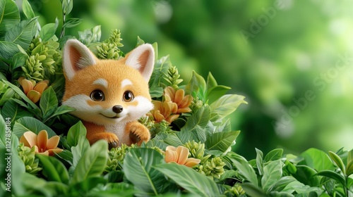 A cute, whimsical cartoon animal frolicking among lush green foliage and vibrant flowers in a vibrant 3D style jungle illustration. photo