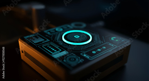 Futuristic quantum gadget with glowing interface, advanced technology