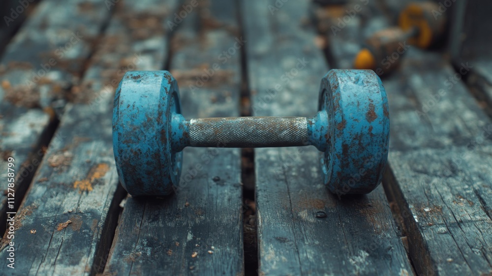 Weathered Blue Dumbbell Rests On Wooden Planks Weathered Blue Dumbbell Rests On Wooden Planks