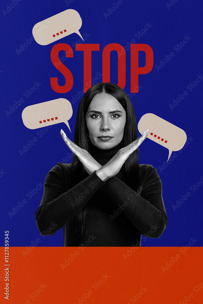 © deagreez - Composite trend artwork 3D sketch image photo collage of bully harassment stress abuse discrimination young woman hand gesture cross stop