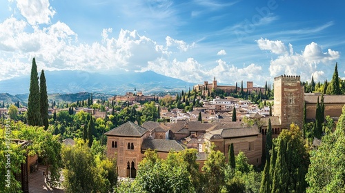Sunny Alhambra Palace, nestled in green hills.