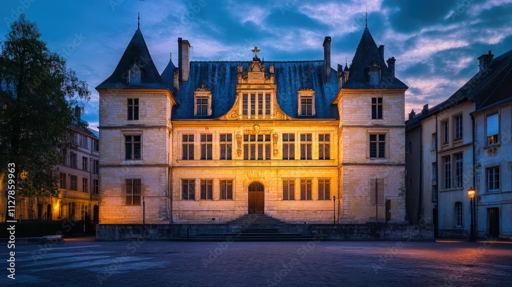 Naklejka premium Illuminated stone building, twilight cityscape.