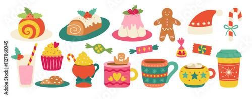 Christmas cake, pudding or baking cartoon set. New year holiday food gingerbread and cake muffin, candy. Baked Christmas dessert, hot winter drink. Xmas decoration design childish vector illustration