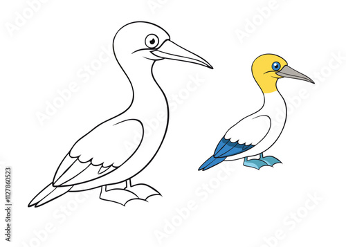 "Explore the elegance of a northern gannet with this coloring page. Featuring bold outlines, capture its striking white body, black wingtips, and golden-yellow head in vivid hues."