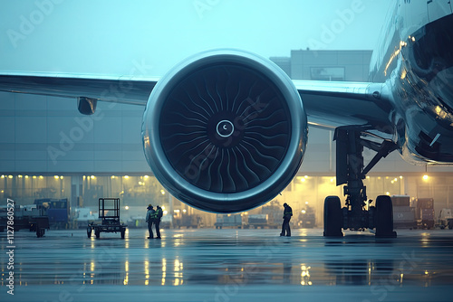 Airplane under maintenance at the airport, with workers inspecting the engines. Copyspace at the bottom. Soft, early morning light. Hangar and airport equipment in the background