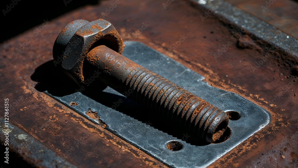 Rusty bolt and nut on a weathered surface showcasing the impact of time and neglect in an industrial setting Rusty bolt and nut on a weathered surface showcasing the impact of time and neglect in an industrial setting