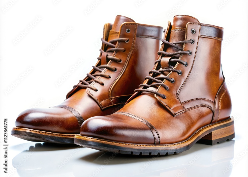 Detailed high-resolution PNG: brown leather boots on a pure white backdrop. Detailed high-resolution PNG: brown leather boots on a pure white backdrop.
