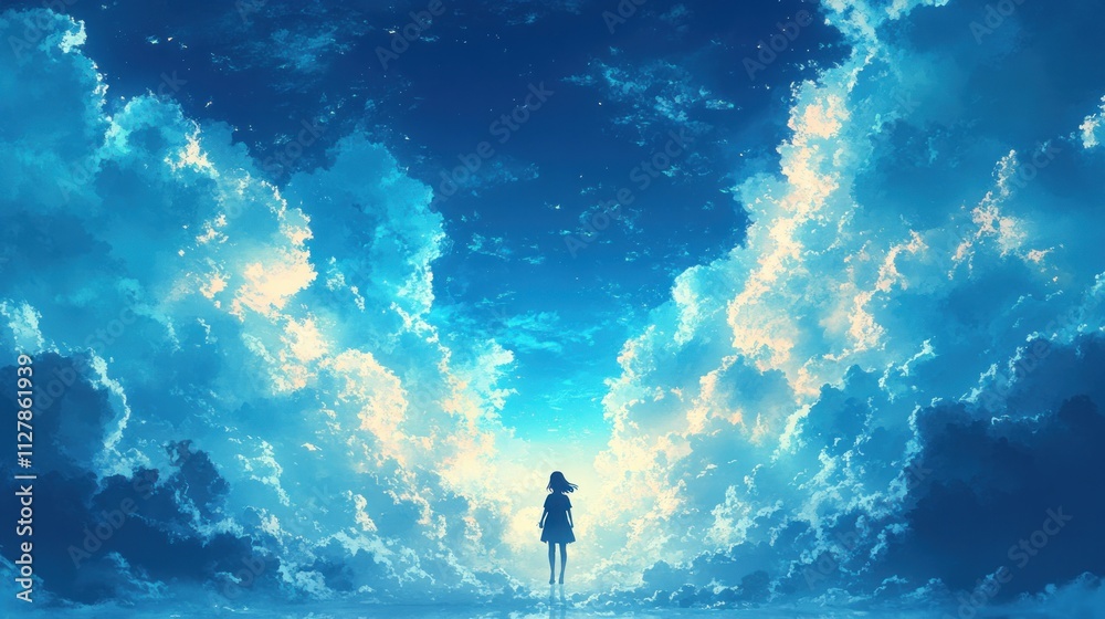 Girl Standing with Back to Viewer Gazing at Blue Sky and Clouds Girl Standing with Back to Viewer Gazing at Blue Sky and Clouds