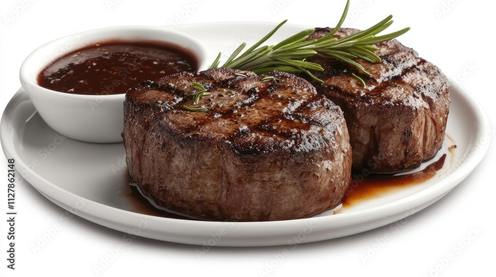 Succulent Grilled Steak with Rosemary and BBQ Sauce on Plate Succulent Grilled Steak with Rosemary and BBQ Sauce on Plate