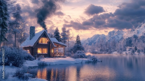 Traditional log cabin by a snowy lake, smoke rising from chimney, warm glow inside 
