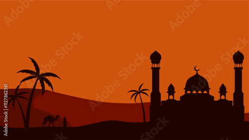 Landscape illustration of mosque silhouette and muslim traveler with camel