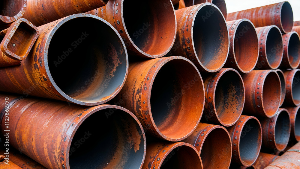Stacked rusty pipes in industrial setting showcasing wear and age during daylight hours Stacked rusty pipes in industrial setting showcasing wear and age during daylight hours