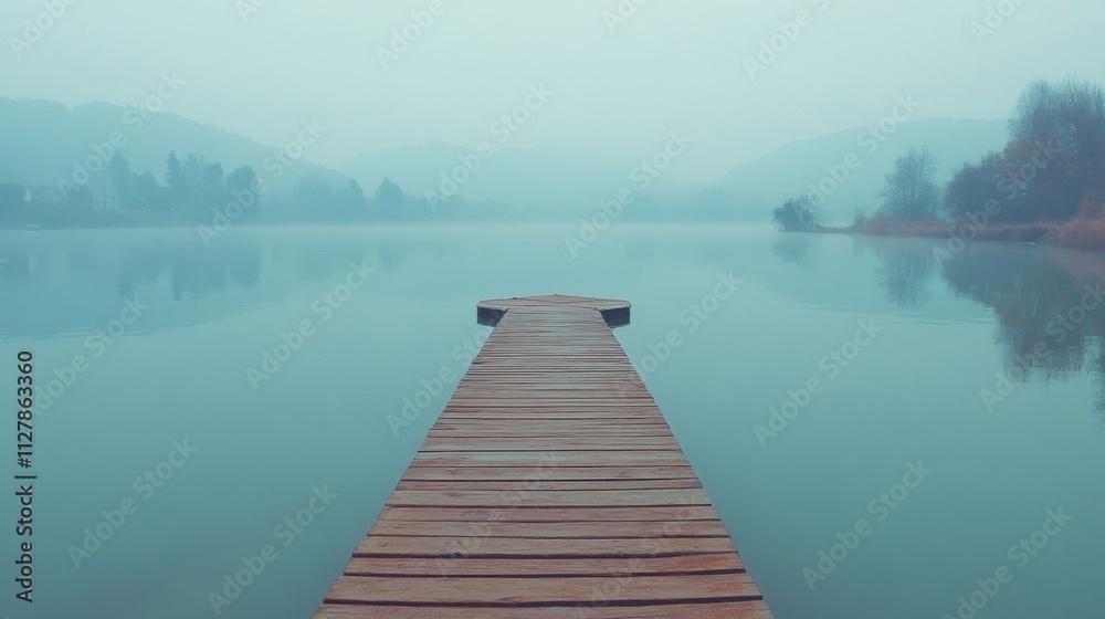 Naklejka premium Wooden Dock Extending Into Misty Lake Landscape