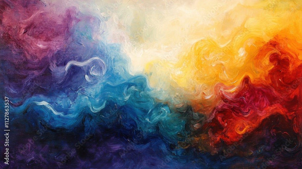 Vibrant abstract oil painting featuring swirling shades of purple, blue, yellow, and red, expressing energy, creativity, and emotion. Vibrant abstract oil painting featuring swirling shades of purple, blue, yellow, and red, expressing energy, creativity, and emotion.