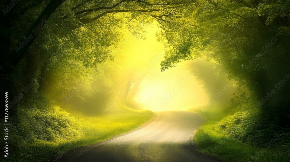 Serene Road Through Misty Green Forest Serene Road Through Misty Green Forest