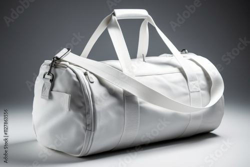 White cylindrical duffel bag with long shoulder strap and top handles. photo