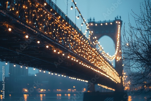 A city bridge covered in thousands of white lights, creating a stunning display, the lights twinkle as the evening, Generative AI 