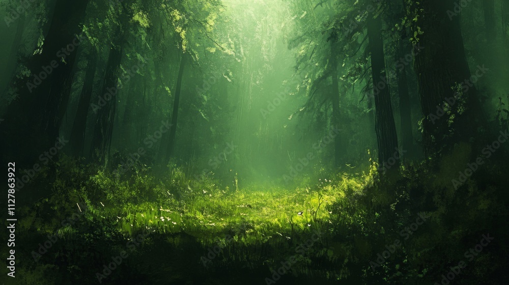 Obraz premium Serene Green Forest Path Sunlight Through Trees