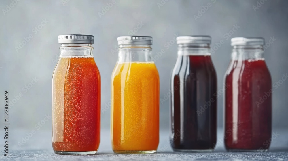 Refreshing assortment of fresh fruit juices displayed in clear glass bottles, showcasing vibrant colors ideal for a healthy beverage choice Refreshing assortment of fresh fruit juices displayed in clear glass bottles, showcasing vibrant colors ideal for a healthy beverage choice