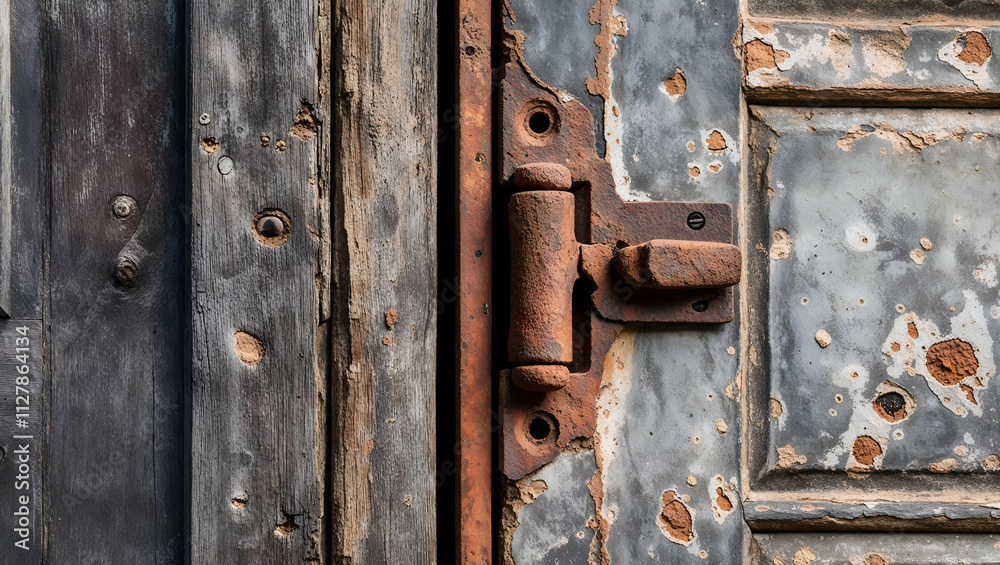 Weathered door lock with rust and peeling paint on wooden door in an old building Weathered door lock with rust and peeling paint on wooden door in an old building