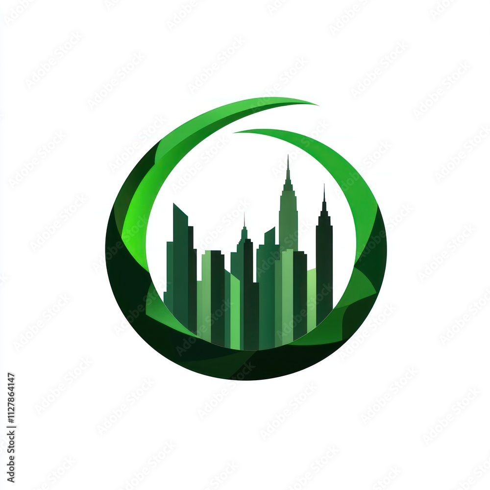 Green city skyline encased in a circular leaf design. Green city skyline encased in a circular leaf design.