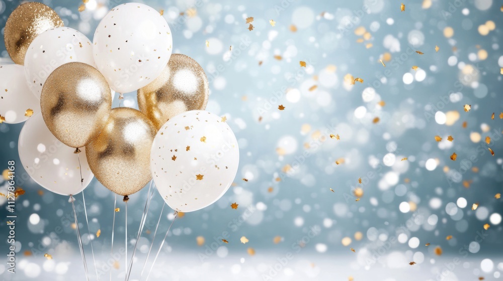 Colorful balloons with golden confetti create a festive atmosphere, set against a dreamy snowy backdrop, perfect for winter gatherings Colorful balloons with golden confetti create a festive atmosphere, set against a dreamy snowy backdrop, perfect for winter gatherings