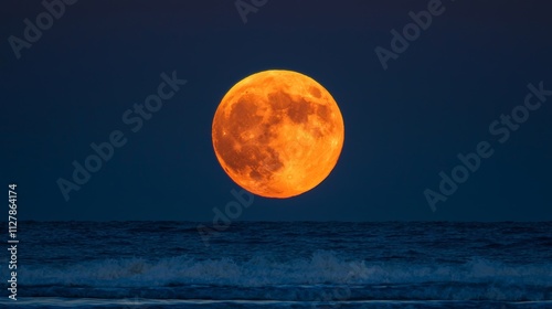 Dramatic Moonrise Over Ocean Horizon at Dusk with Vibrant Colors