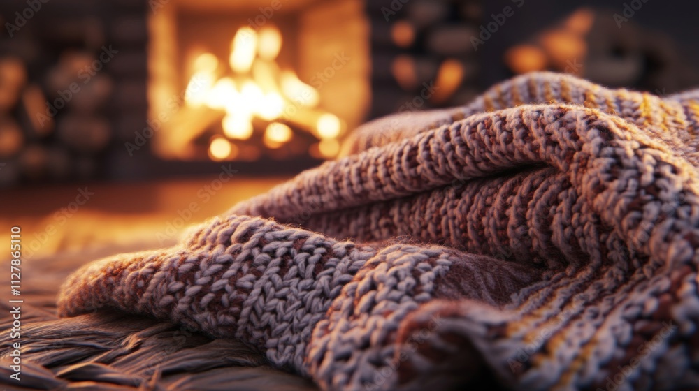 Cozy Knit Blanket Near A Warm Fireplace Cozy Knit Blanket Near A Warm Fireplace