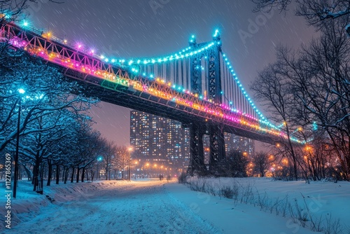 A city bridge glowing with multicolored lights on a cold winter night, the lights create a warm, inviting glow, Generative AI