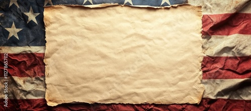 Aged parchment paper rests atop a weathered American flag.