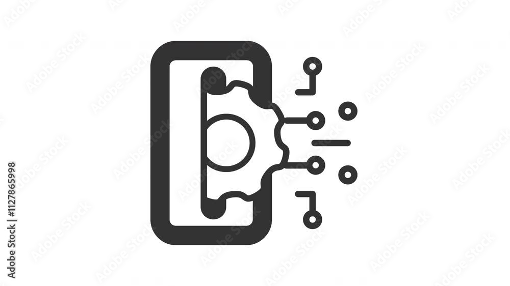 Animated mobile apps with smartphone and gear sign. Suitable for finance, technology, blockchain, digital, connected, online, system, internet, big data, web, fintech, cyberspace and business Animated mobile apps with smartphone and gear sign. Suitable for finance, technology, blockchain, digital, connected, online, system, internet, big data, web, fintech, cyberspace and business