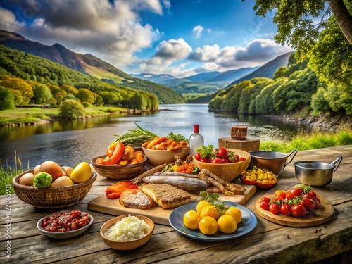 Scenic Food Photography Featuring River Mawddach Meander in North Wales with Fresh Ingredients and Rustic Dishes, Capturing Nature's Beauty and Culinary Artistry photo