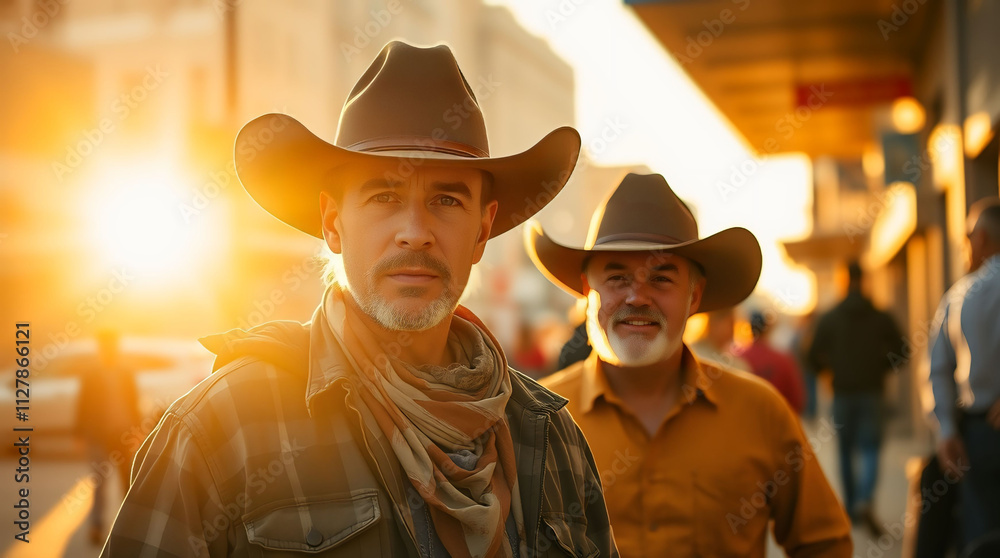 Cowboy in sunset light captures the essence of rural life and traditions while standing in a dusty landscape Cowboy in sunset light captures the essence of rural life and traditions while standing in a dusty landscape