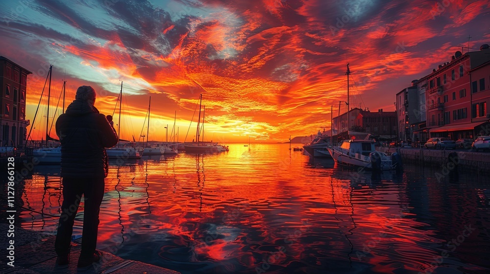 Fiery Sunset over Harbor with Person Photographing the Dramatic Sky and Boats Fiery Sunset over Harbor with Person Photographing the Dramatic Sky and Boats